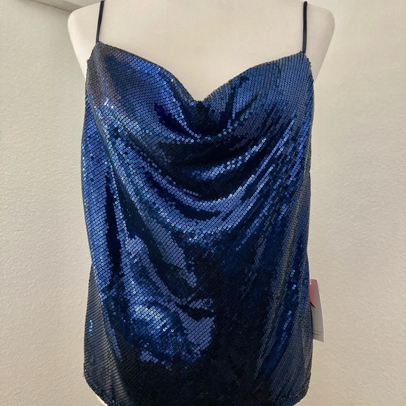Blue Sequins Spaghetti Strap Holiday Special Occasion Large Top - Picture 7 of 7
